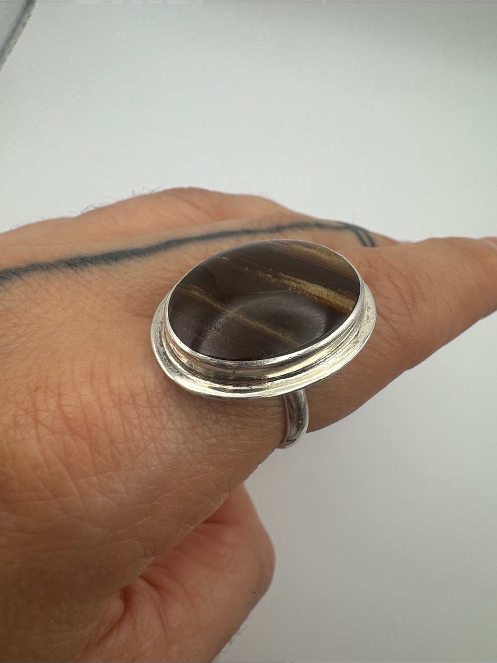 950 Silver Brown Oval Wood-like Ring - Unbranded
